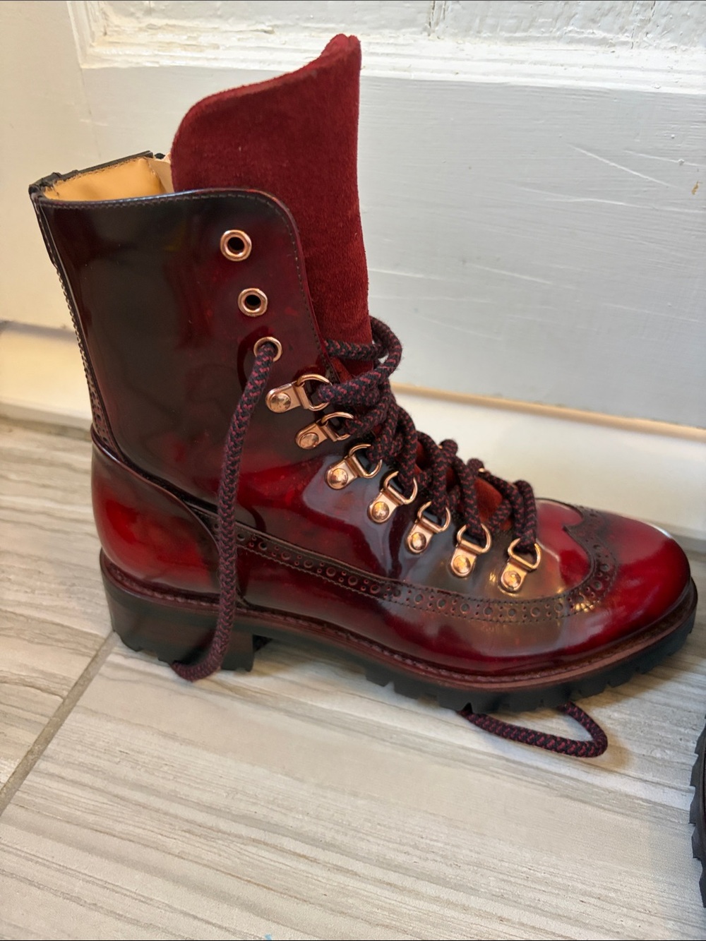 Office of Angela Scott Burgundy Lace-Up Women's Brogue Boots - Picture 5 of 10